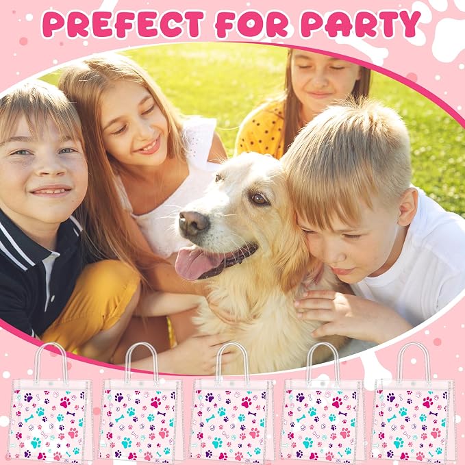 Supervitae 36 Pcs Colorful Dog Paw Bone Print Clear Favor Bags with Handle Reusable Plastic PVC Puppy Gift Bag Goodies Treats Totes for Pet Birthday Christmas Party Supplies, 8 x 8 x 3.15 Inch