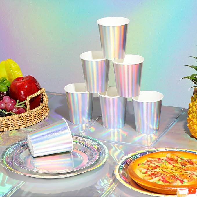 Iridescent Party Supplies Decorations, Holographic Paper Plates and Napkins Set, Disposable Iridescent Paper Plates Cups Knives Spoons Fork Straw for Mermaid Birthday Wedding Party, Serve 25