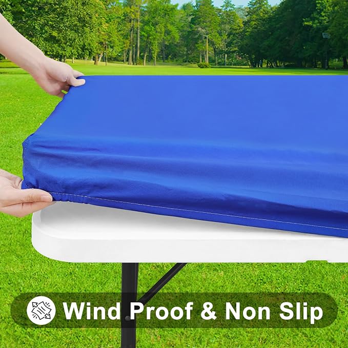Smiry 3 Pack Rectangle Table Cloth, Elastic Fitted Flannel Backed Vinyl Tablecloths for 8ft Folding Tables, Waterproof Wipeable Table Covers for Indoor, Outdoor, Camping and Picnic (Blue, 30"x96")