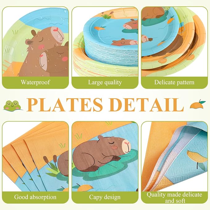 Pickmesh 250 Pcs Capybara Party Supplies Decorations Serve 50 Capybara Disposable Paper Plates Napkins and Cups Tableware Set Animals Themed Baby Shower Birthday Party Supplies