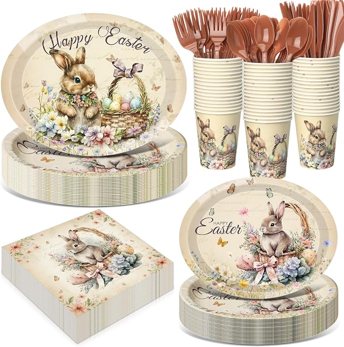 Pajean 350 Pcs Easter Bunny Oval Paper Plates Set with 12 Inch Disposable Vintage Easter Oval Plates and Napkins Bunny Flower Eggs Heavy Duty Dinnerware for 50 Guests Picnic Spring Party Supplies