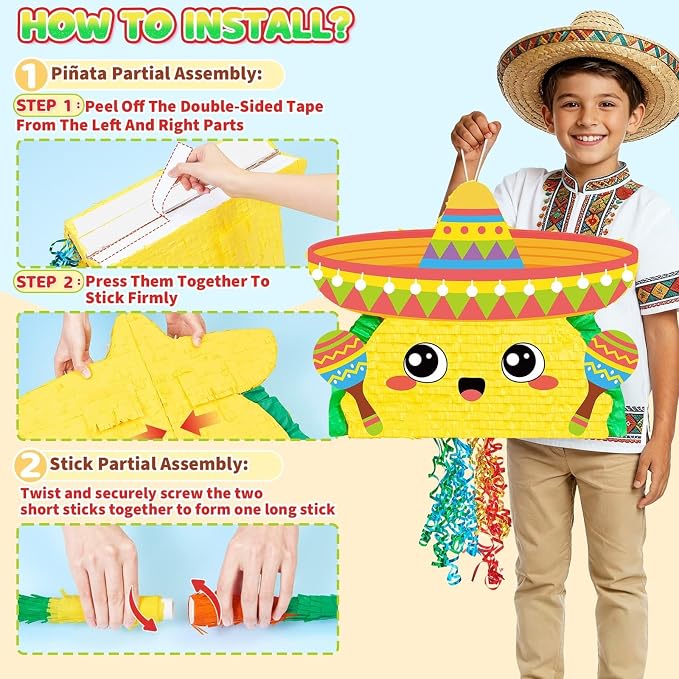 WERNNSAI Large 21" Taco Piñata - Cinco De Mayo Fiesta Theme Taco Piñata with Blindfold and Bat for Mexican Birthday Party Decorations Carnivals Festivals Supplies