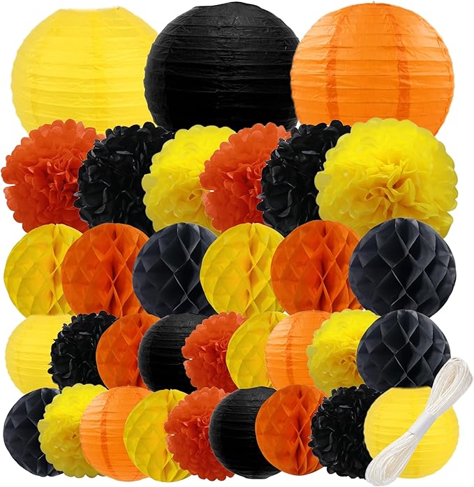 WOLHOWLTD ConstructionTheme Paper Decoration Set - 33 Pcs Paper Lanterns, Pompoms, Honeycomb for Construction Theme, Baby Shower, Rainbow Birthday Party Home Decoration(Yellow Black Orange)