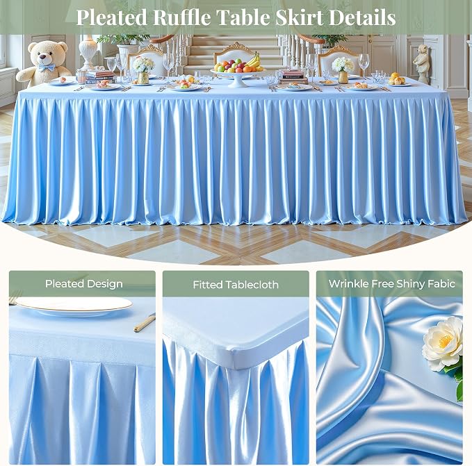 Blue Satin Tablecloths Rectangle 4FT, Glitter Spandex Fitted Stretch Table Covers Wrinkle-Resistant Floor Length Shimmer Pleated Table Skirt for Weddings Parties Baby Shower Banquets Vendor Events