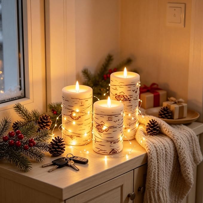 Da by 3 Pack Birch Bark Real Wax Flameless Candles, Flickering LED Taper Candles with Copper String Lights, Battery Operated Candles with Remote for Farmhouse Wedding Home Decor