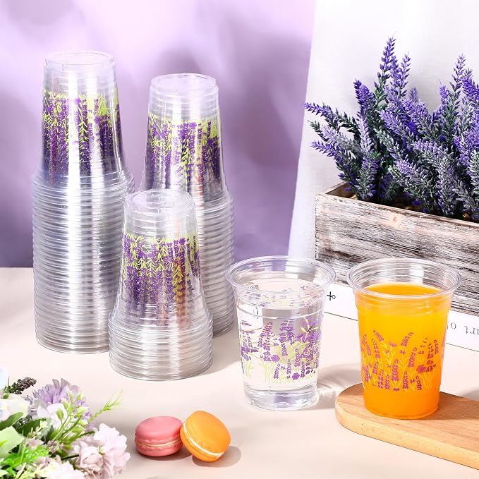 Hushee Lavender 60 Pcs Party Cups 16 oz Plastic Disposable Drinking Cups for Birthday Love Baby in Bloom Baby Shower Summer Fresh off The Market Bridal Shower Decorations Supplies