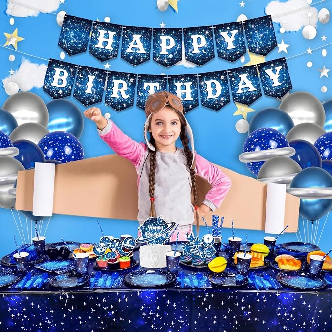 Space Galaxy Party Supplies, Includes Happy Birthday Banner, Plates, Cupcake Topper Napkins, Cups, Tablecloth, Balloons, for 20 Guests Galaxy Outer Space Theme Birthday Party Decoration