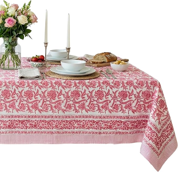 ATOSII Red Bloom 100% Cotton Rectangle Tablecloth, Block Print Floral Linen Table Cloth for Dining Parties Outdoors Weddings Holidays I 72 X 140 Inches, 12 Seater, Summer Farmhouse Grandmillennial