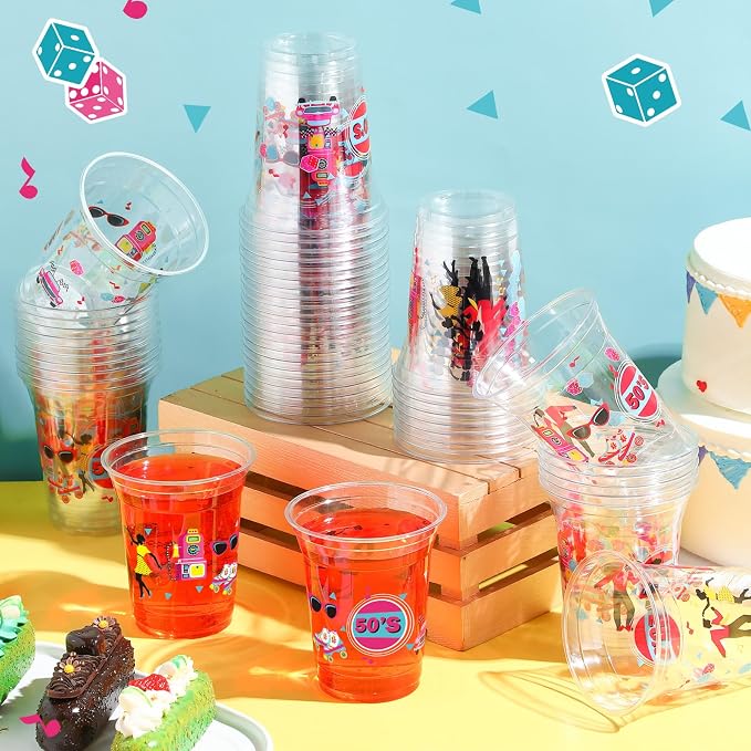 FoldTier 50 Pcs 50s Cups 12 oz Plastic 50s Back to 50s Cups Clear 50s Disposable Cups 50s Theme Drinking Cups for Home Party Back to the 50s Theme Back to 50s Favors Supplies Decoration (50s)