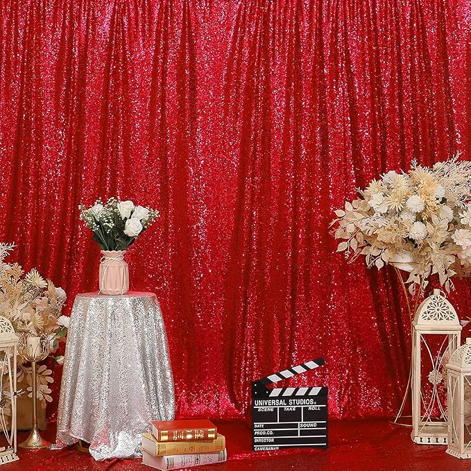 Eternal Beauty Red Sequin Backdrop, 7x7 Ft Glitter Background Curtains for Mother's Day Christmas Shimmer Photography Party Wedding Birthday Back Drop Decor