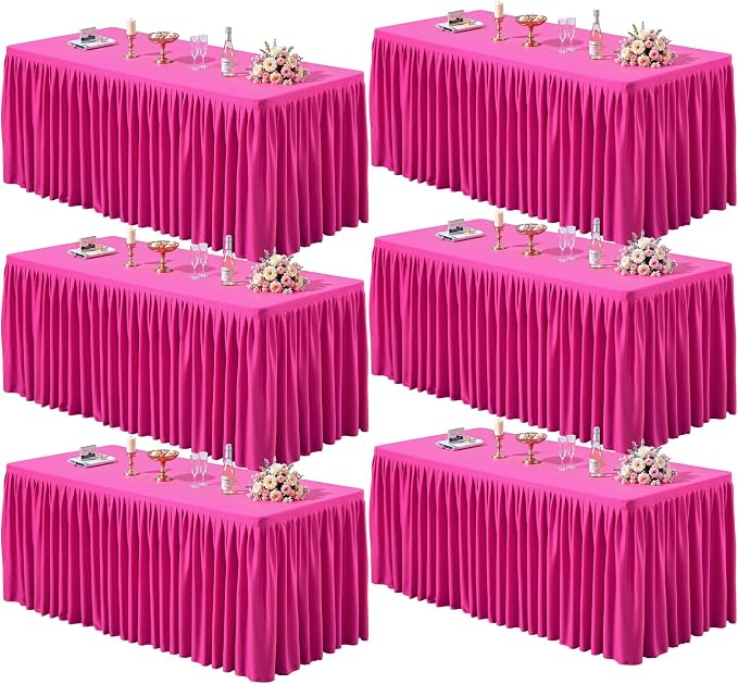 PARTISKY 6 Pack Hot Pink Tablecloths for Rectangle Tables 6ft, Wrinkle Resistant Spandex Table Cover Fitted Stretch Table Cloth with Pleated Ruffle Skirts for Party Banquet Dining Birthday Wedding
