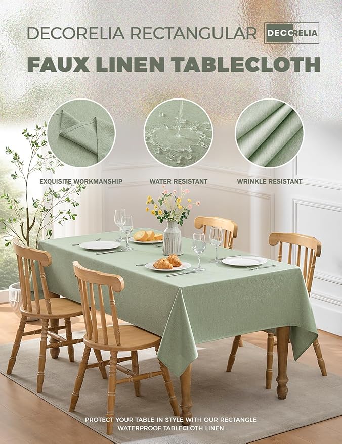 Decorelia Faux Linen Farmhouse Table Cloth 60"x104" for 6 ft Rectangle Table, Denim Blue Waterproof Outdoor Washable Cloth Tablecloth for Rectangular Dining Room Kitchen Outdoor Party Restaurant Decor