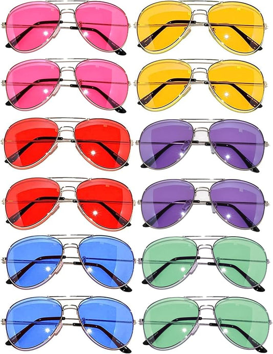 OWL 12 Pack Bulk Aviator Sunglasses Metal Gold, Silver, Black Frame for Men Women Party Glasses