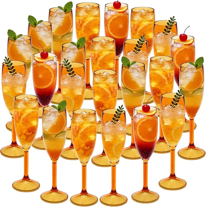 Champagne Flutes 5.4OZ Plastic Champagne Glasses Wine Glasses 24Pcs Plastic Goblets for Parties Mimosa Bar Glasses Stemmed Drinking Cups for Wedding Celebration Christmas Birthday Bride (Amber)