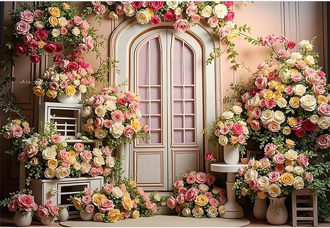 12x8ft Pink Flowers Wedding Backdrop Elegant Rose Blossom Floral Plant Woman Bride Party Girls Photography Background Bridal Shower Photo Studio Shoot