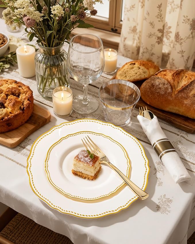 Hioasis 175pcs Ivory Gold Plastic Plates - Gold Plastic Dinnerware Set Includes 25 Dinner Plates, 25 Dessert Dinnerware, 25 Cups, 25 Napkins Perfect for Wedding & Party
