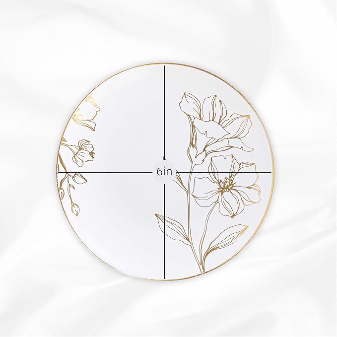 [6'' Plates 10 Count] White Plastic Floral Design Party Plates With Gold Rim Premium heavyweight Elegant Disposable Tableware Dishes