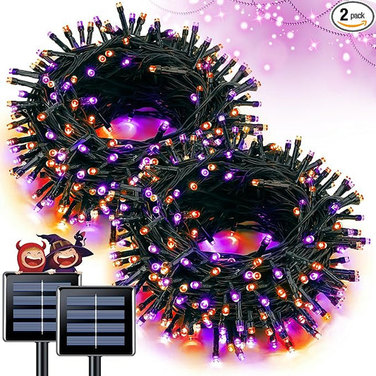 JMEXSUSS 2 Pack Solar String Lights Outdoor Waterproof, Total 66 FT 200 LED Solar Christmas Lights Outdoor, Twinkle Light for Christmas Tree Outside Garden Yard Xmas Decor, Orange and Purple