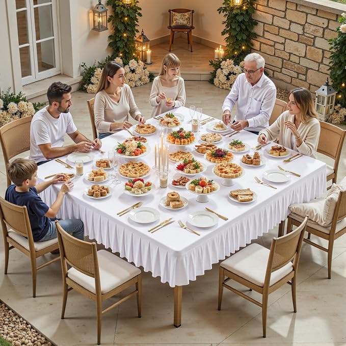 Shillance 48x48 Inch White Spandex Square Tablecloth,Wrinkle Free White Fitted Table Cloth for Square Tables,Washable Pleated Table Cover for Wedding Birthday Cocktail Party Buffet Dinner Camping