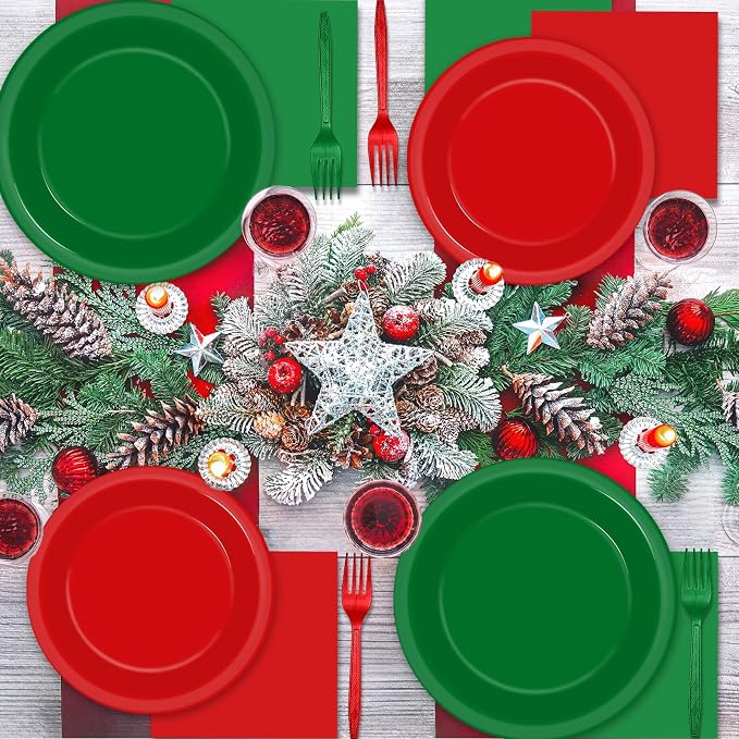 gisgfim 50 Guests Christmas Party Supplies Red and Green Plates and Napkins Plastic Forks Holiday Tableware Xmas Paper Plates for Christmas Party 200PCS