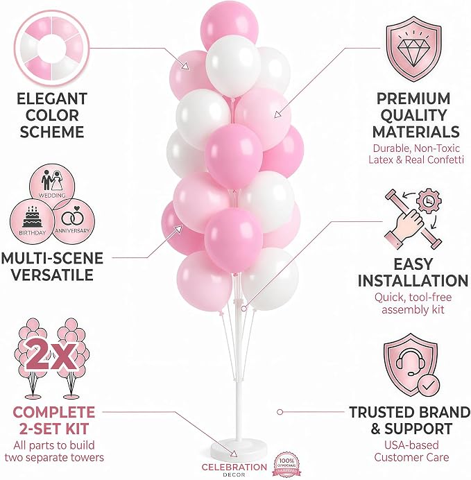 Balloon Column Kit Set of 2 With Baby Pink Chrome Balloons Included - with Base,Pole,Balloon Tower Backdrop Decoration for Wedding,Baby Shower, Birthday,Princess Party, or Bachelorette