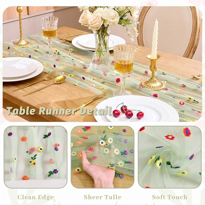 QueenDream 10FT Sage Green Floral Spring Table Runner Embroidery Daisy Gauze Table Runner for Summer Baby Shower Wedding Birthday Party