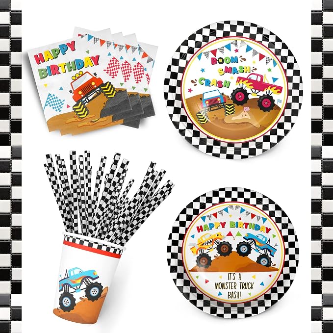Recheel Monster Truck Party Supplies Decorations, Kids Birthday Paper Plates and Napkins Set with Cups and Straws for 24 Guests, 120 Pcs Disposable Party Dessert Dinnerwares