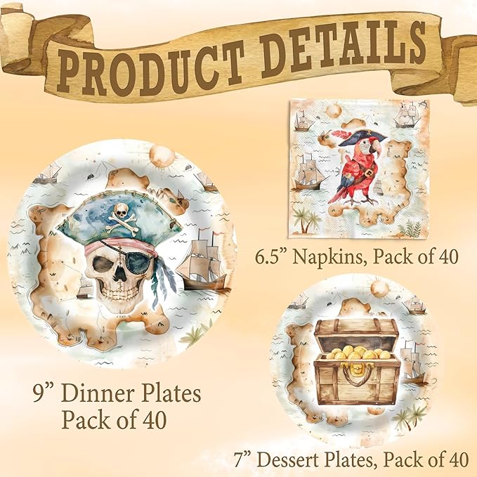 Pirate Birthday Party Supplies for 40 Guests, Treasure Map Pirate Plates and Napkins Set, Pirate Party Decorations for Boys