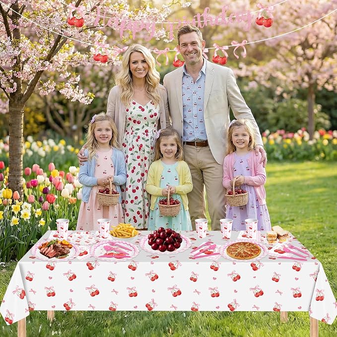 170 Pcs Cherry Birthday Decorations - Pink Bows Party Supplies Set, Happy Birthday Banner, Scalloped Paper Plates Napkins Cups, Plastic Tablecloth, Flatware for Coquette Cherry Bday Party Decoration