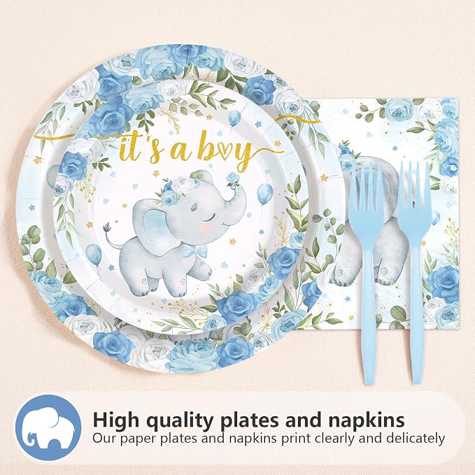 96Pcs Elephant Baby Shower Party Decorations Blue Elephant Plates and Napkins Tableware Set Baby Blue Floral Cute Themed Decorations Favors for Boy Girl Gender Reveal Birthday Party Supplies Serves 24