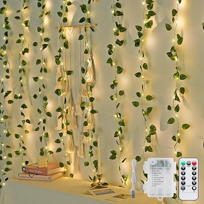 JMEXSUSS 200 LED Vine Lights Battery Operated & USB Powered, Pothos Vines with Fairy Lights Waterproof, Curtain Lights with Remote for Bedroom, Wedding, Dorm, Indoor, Outdoor Decor, 6.5x6.5ft
