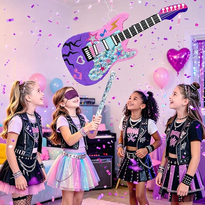 WERNNSAI 28" Guitar Piñata for Kpop Birthday Decorations, Party Game | Kpop Party Favors, Girl Birthday Decorations, Music Party Favors, Piñata with Stick and Blindfold