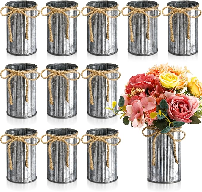 Rustic Vase for Table Centerpieces 4.33 Inch Small Petite Flower Vase with Twine Bow Vintage Farmhouse Decor for Wedding Reception Dining, Home Galvanized Metal Buckets(Iron Color,12 Pcs)