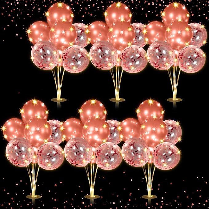 Junkin 6 Set Balloons Centerpieces for Table with LED String Light 60 Pcs Balloons Light up Table Balloon Stand Centerpieces for Graduation Birthday Baby Shower Wedding Bridal Shower(Rose Gold)