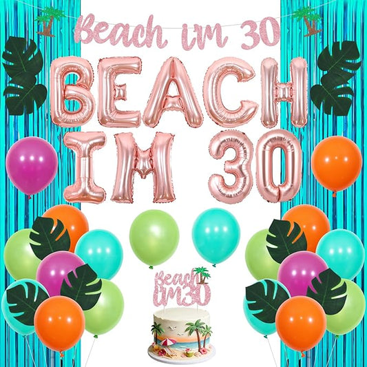Beach 30th Birthday Party Decorations, Glitter Rose Gold Beach I’m 30 Banner Balloon Cake Topper, for Women Men Summer Tropical Hawaiian Luau Flamingo Thirty Birthday Party Supplies