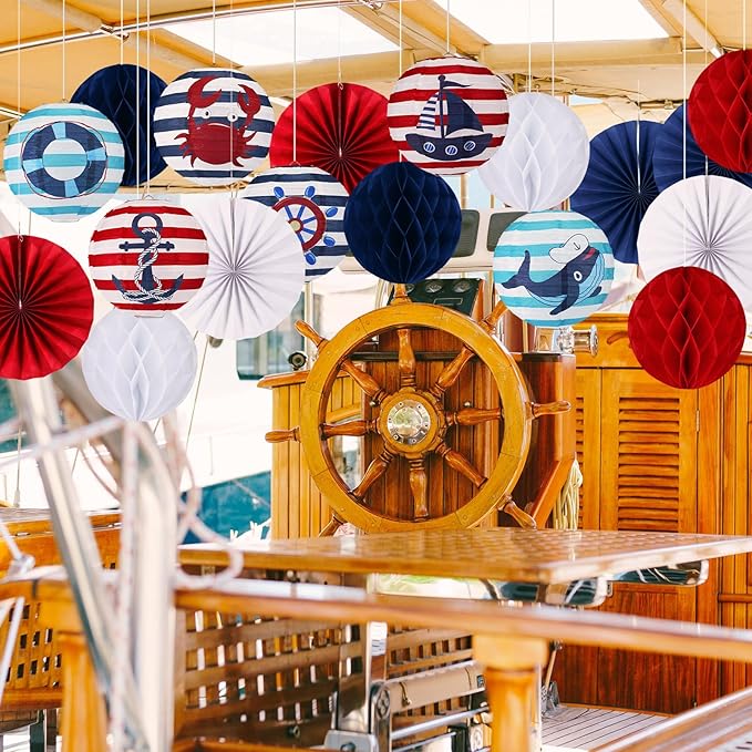 Retisee 18 Pcs Nautical Party Decoration Anchor Ship Wheel Hanging Paper Lantern Honeycomb Fans Honeycomb Ball for Boat Cruise Party Ceiling Decor Supplies
