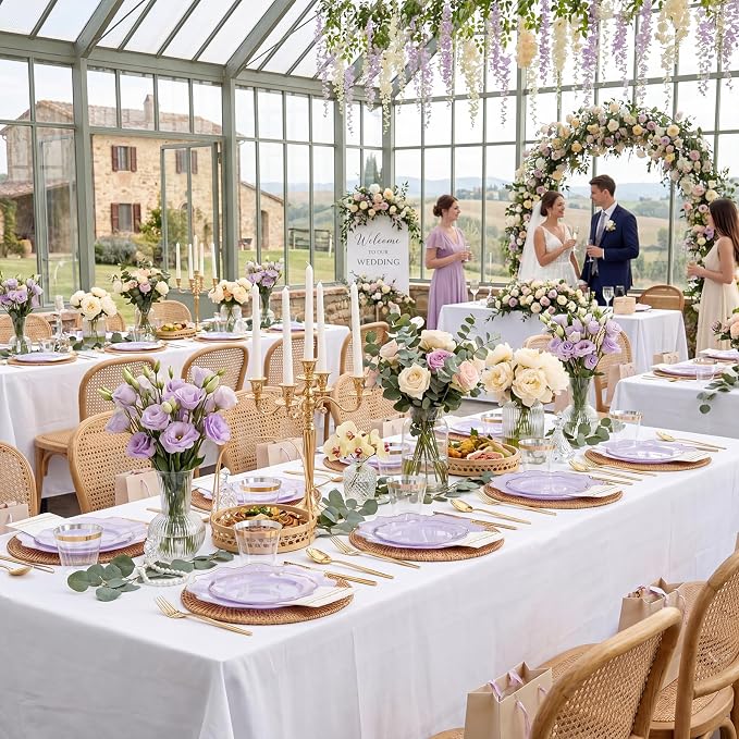 WDF 175Pcs Purple Plates Disposable - Lavender Plastic Plates 25guest Plastic Dinnerware Ideal for Birthday Party/Wedding/Spring/Picnic/First Communion