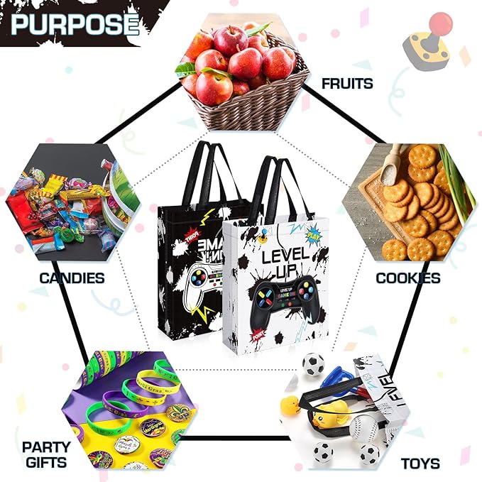 Sweetude 30 Pcs Video Game Gift Bag with Handle Game Party Supplies Reusable Gaming Non Goody Bag, 2 Styles