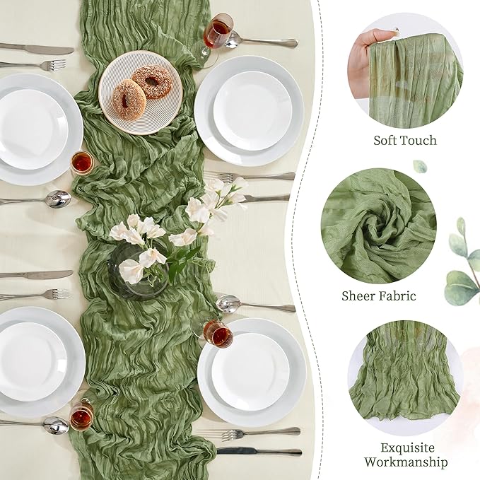 Sage Green Cheesecloth Table Runner 10FT Long Easter Spring Boho Gauze Table Runner Rustic Sheer Runner for Spring Wedding Bridal Baby Shower Birthday Party Table Decor Easter Decorations