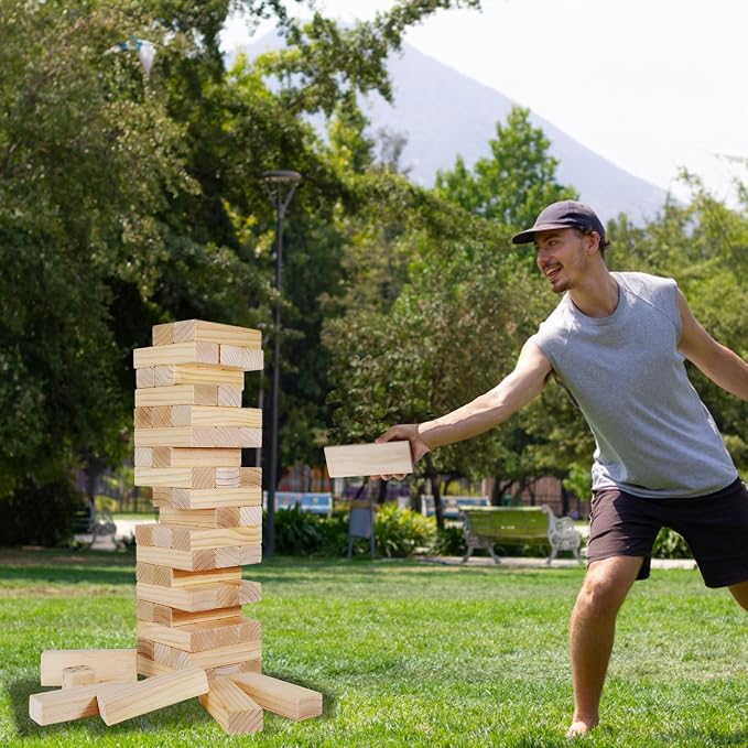 Olsa Giant Tumble Tower, Toppling Timber Game with Carrying Bag 60 PCS Wooden Block Stacking Game for Adults Family (2.2 Ft to 5 Ft)