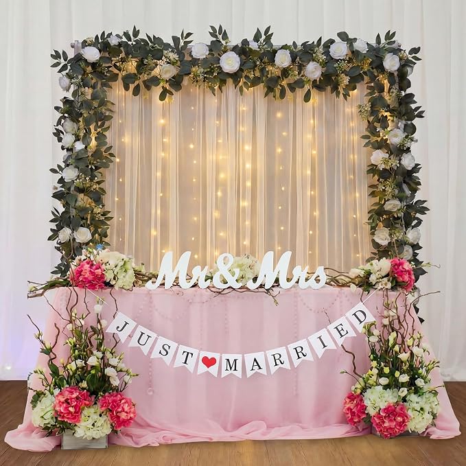 5 Pcs Just Married Decorations Kit, All-in-one Wedding Decor with 5.5x16.4ft White Tulle Backdrop with Lights, Mr and Mrs Sign, 2 Flower Garlands, Wedding Banner for Reception, Party