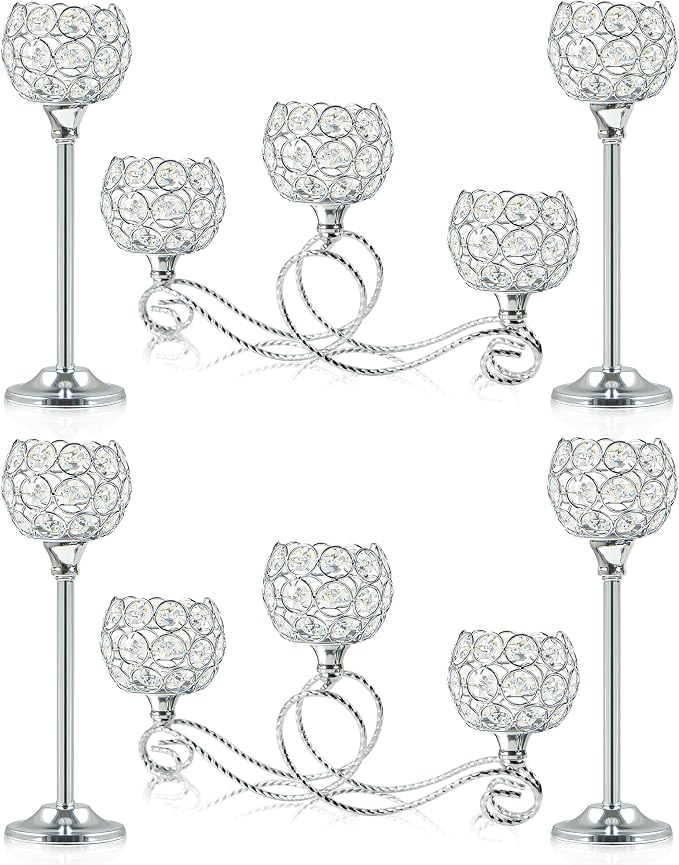 Silver Set of 6 Metal Crystal Tea Light Candle Holder, Elegant Wedding Table Centerpiece Candle Holder, Christmas Wishing Crystal Bowl Candle Holder Suitable for Wedding Party Living Room Decoration