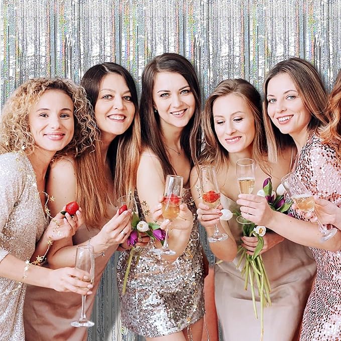 Tinsel Curtain Party Backdrop Silver Birthday Party Decorations 10 Packs Glitter Foil Fringe Curtain Party Decor Streamers Photo Booth for Birthday Christmas Wedding Halloween Graduation Decorations