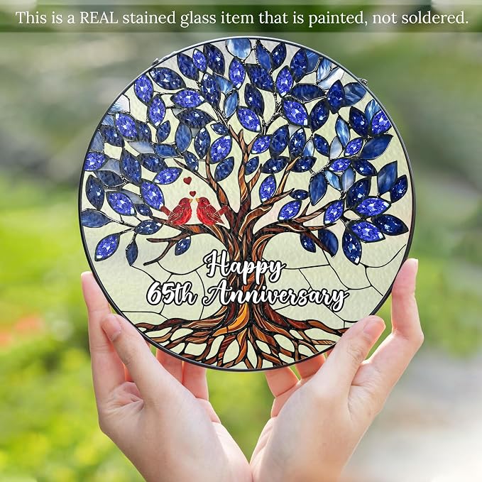 65th Wedding Anniversary Stained Glass Suncatcher, 6x6' Anniversary Decorations, 65th Celebration Marriage Gifts for Parents, Couple, Wife & Husband, 65 Wedding Milestone Keepsake
