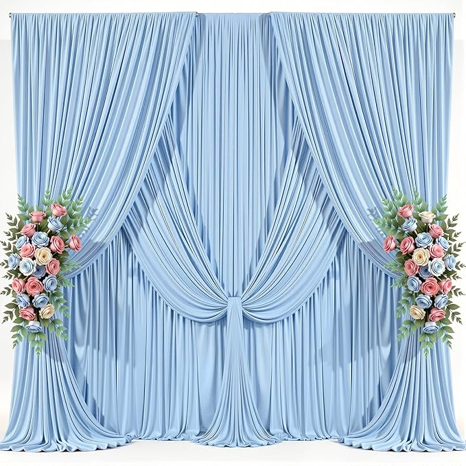 10x8ft Baby Blue Photo Backdrop Curtains for Parties Baby Shower Wrinkle Free Polyester Photoshoot Curtains Drapes Backdrop for Boy Birthday Party Gender Reveal Photography Background 2 Panels 5x8FT