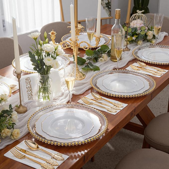 WDF 300 Pieces Gold Plastic Silverware Disposable - Heavy Duty Plastic Cutlery - Gold Silverware Sets Includes 100 Forks, 100 Spoons, 100 Knives for Baby Shower Wedding Spring