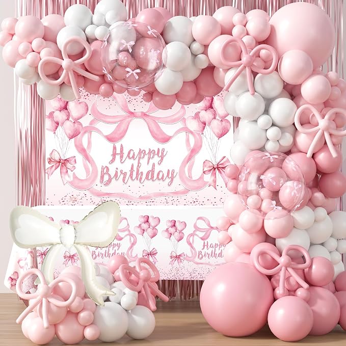 Pink Bow Birthday Decorations, Bow Coquette Birthday Party Supplies, Includes Backdrop, Hanging Garland, Foil Fringe Curtain, Cake Toppers, Balloon Garland, Tablecloth, Cupcake Toppers, Foil Balloon