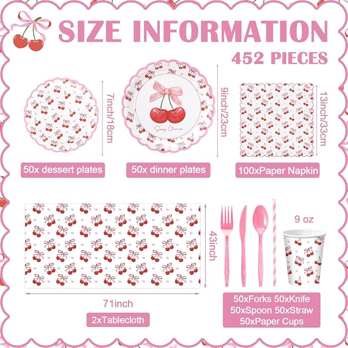 Vesici 452 Pcs Cherry Birthday Party Supplies Pink Cherry Bow Disposable Tableware Set Includes Plates Cups Napkins Tablecloth and Cutlery for Girls Baby Shower Bridal Shower Wedding, Serve 50 Guests