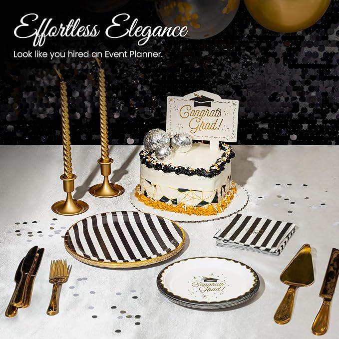 Graduation Celebration, Stylish Tableware Set for 8 Guests – Black/White