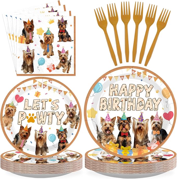 96 Pcs Yorkshire Terrier Birthday Party Decorations Yorkie Dog Theme Plates and Napkins Golden Let's Party Tableware Set for Animal Puppy Dog Birthday Party Supplies, Serves 24